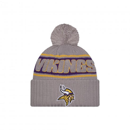 Minnesota Vikings  New Era Gray 2024 Sideline Sport Cuffed Knit Hat with Pom