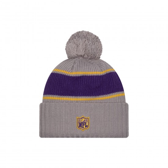 Minnesota Vikings  New Era Gray 2024 Sideline Sport Cuffed Knit Hat with Pom