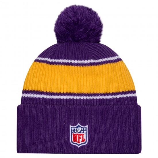 Minnesota Vikings New Era Purple 2024 Sideline Cuffed Knit Hat with Pom