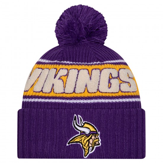 Minnesota Vikings New Era Purple 2024 Sideline Cuffed Knit Hat with Pom