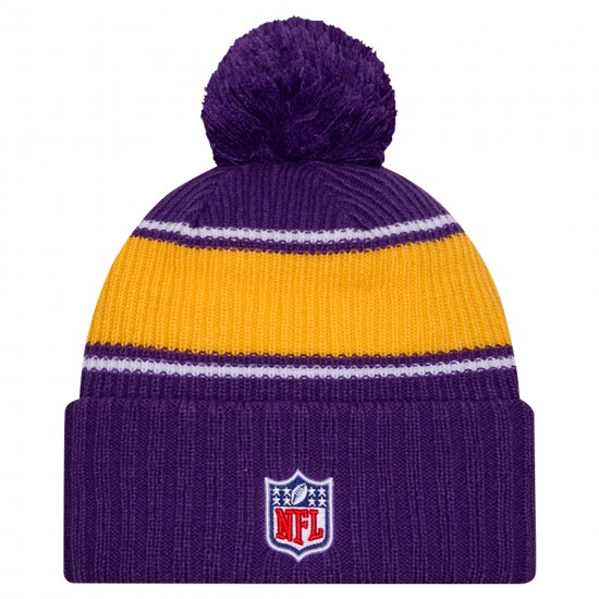 Minnesota Vikings New Era Purple 2024 Sideline Sport Cuffed Knit Hat with Pom