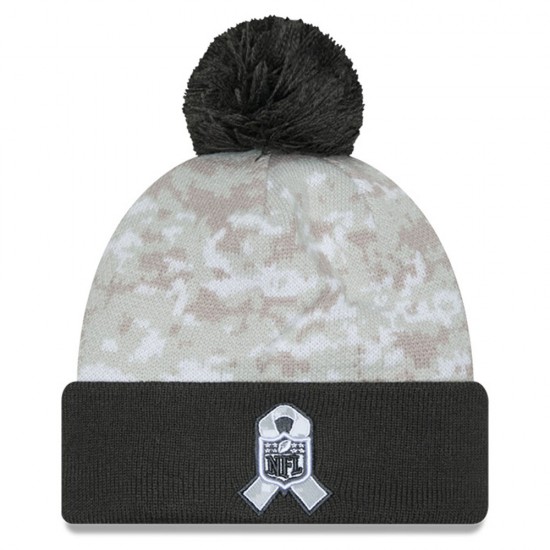New England Patriots  New Era White-Graphite 2024 Salute To Service Digital Camo Cuffed Knit Hat with Pom