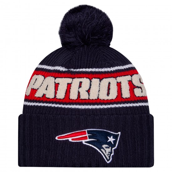 New England Patriots New Era Navy 2024 Sideline Cuffed Knit Hat with Pom
