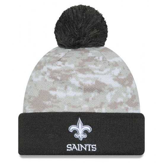 New Orleans Saints  New Era White-Graphite 2024 Salute To Service Digital Camo Cuffed Knit Hat with Pom