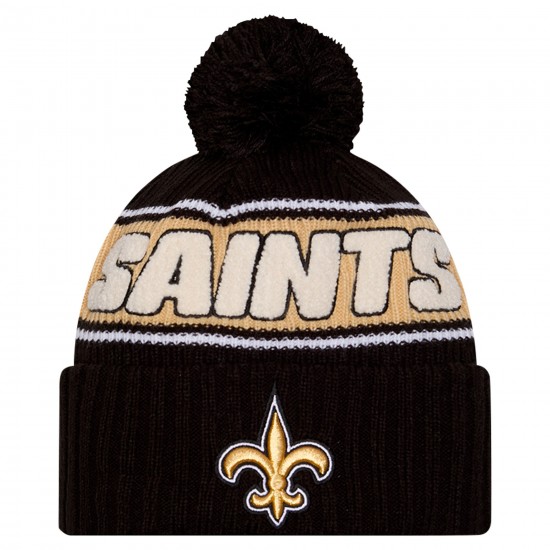 New Orleans Saints New Era Black 2024 Sideline Cuffed Knit Hat with Pom