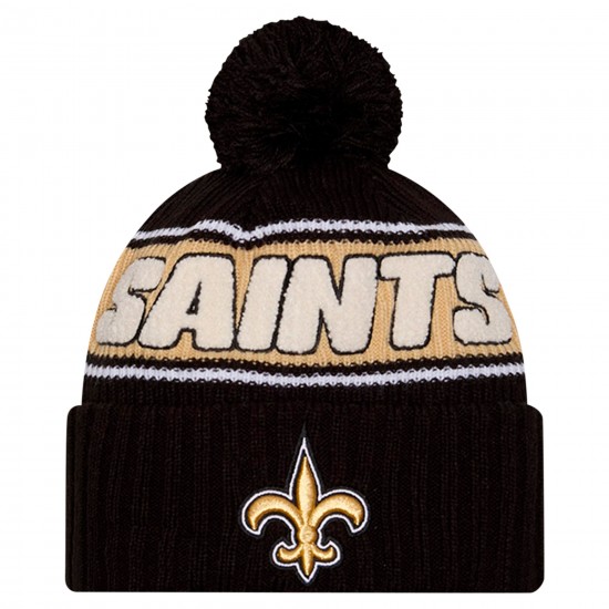 New Orleans Saints New Era Black 2024 Sideline Sport Cuffed Knit Hat with Pom