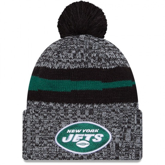 New York Jets  New Era Black 2023 Sideline Cuffed Knit Hat With Pom