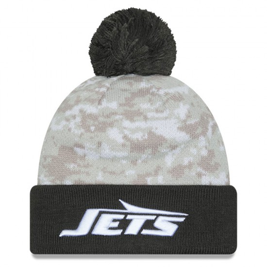 New York Jets  New Era White-Graphite 2024 Salute To Service Digital Camo Cuffed Knit Hat with Pom