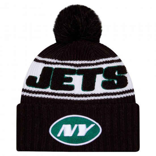 New York Jets New Era Black 2024 Sideline Cuffed Knit Hat with Pom