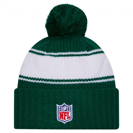 New York Jets New Era Green 2024 Sideline Cuffed Knit Hat with Pom
