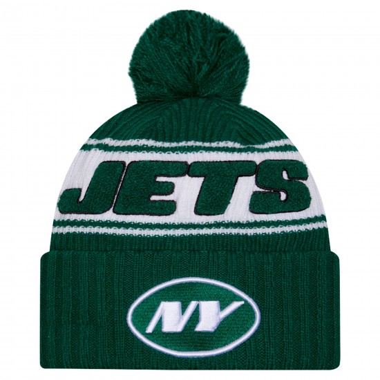 New York Jets New Era Green 2024 Sideline Cuffed Knit Hat with Pom
