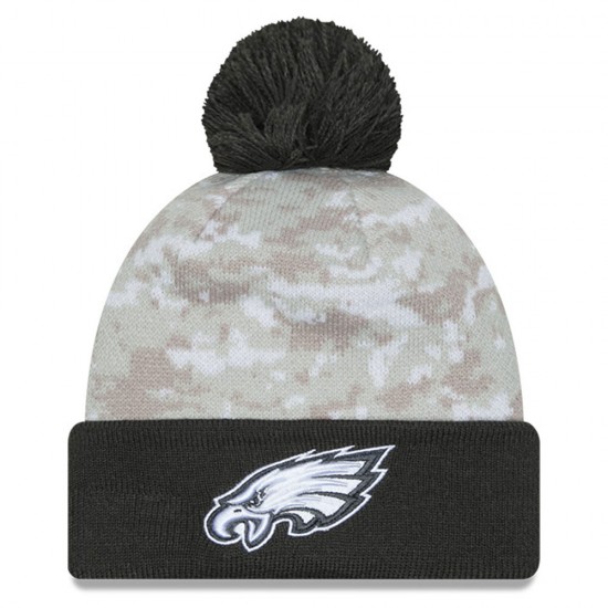 Philadelphia Eagles  New Era White-Graphite 2024 Salute To Service Digital Camo Cuffed Knit Hat with Pom