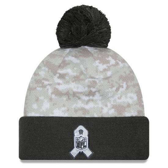 Philadelphia Eagles  New Era White-Graphite 2024 Salute To Service Digital Camo Cuffed Knit Hat with Pom
