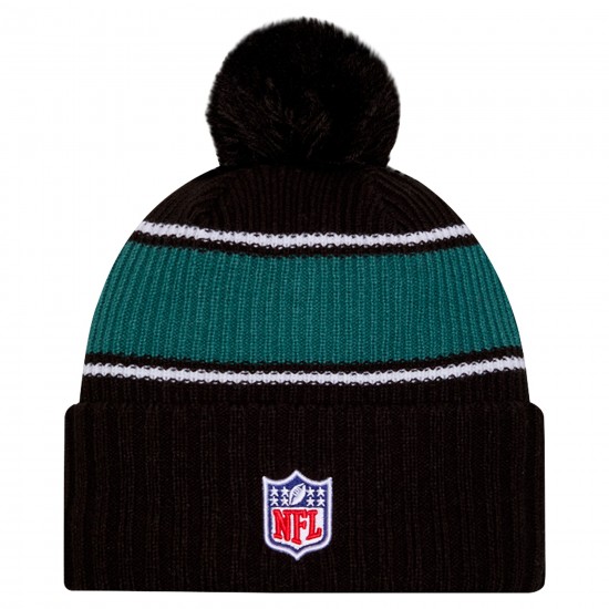 Philadelphia Eagles New Era Black 2024 Sideline Cuffed Knit Hat with Pom