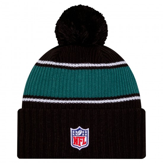 Philadelphia Eagles New Era Black 2024-25 Sideline Cuffed Knit Hat with Pom