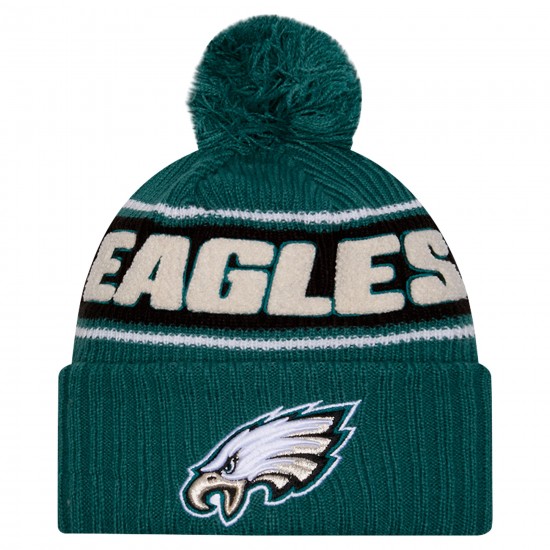 Philadelphia Eagles New Era Midnight Green 2024 Sideline Cuffed Knit Hat with Pom