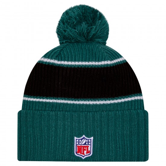 Philadelphia Eagles New Era Midnight Green 2024 Sideline Cuffed Knit Hat with Pom