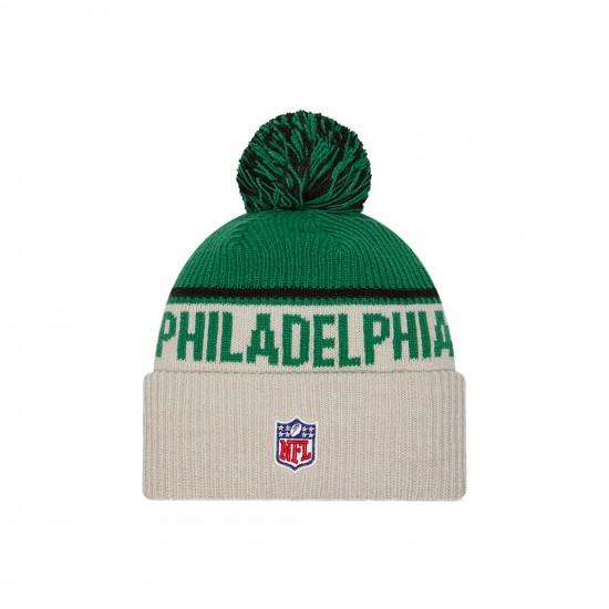 Philadelphia Eagles New Era Stone NFL Sideline Historic Cuffed Knit Hat with Pom