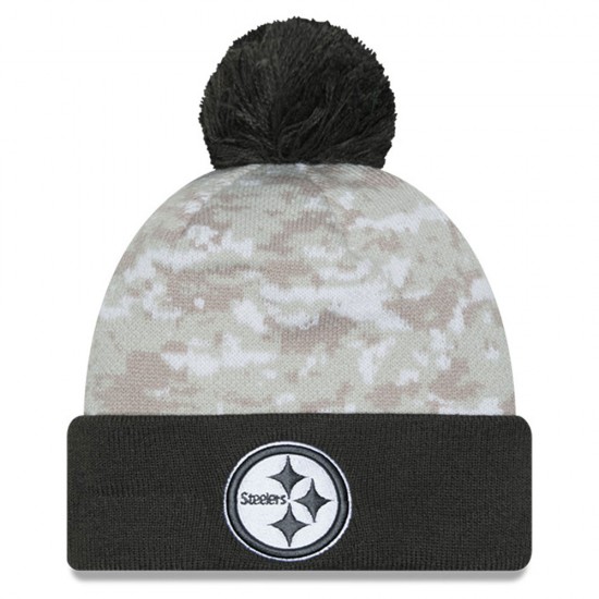 Pittsburgh Steelers  New Era White-Graphite 2024 Salute To Service Digital Camo Cuffed Knit Hat with Pom