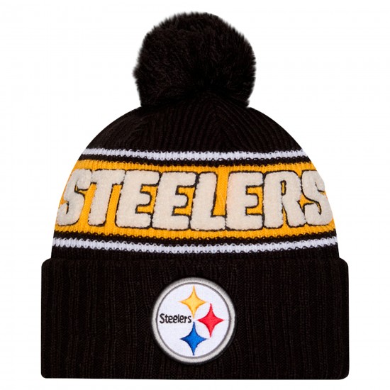 Pittsburgh Steelers New Era Black 2024 Sideline Cuffed Knit Hat with Pom