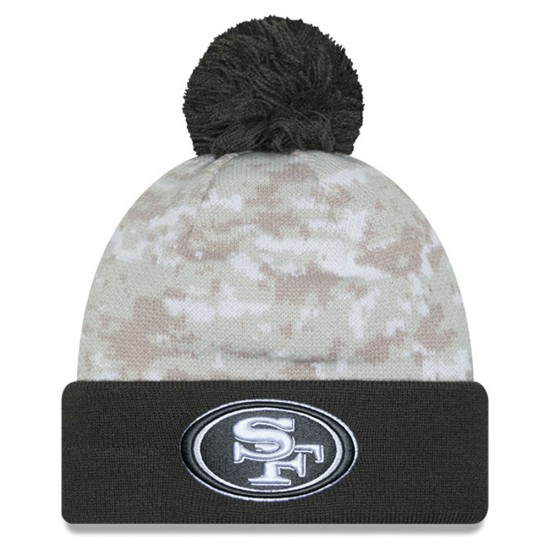 San Francisco 49ers  New Era White-Graphite 2024 Salute To Service Digital Camo Cuffed Knit Hat with Pom