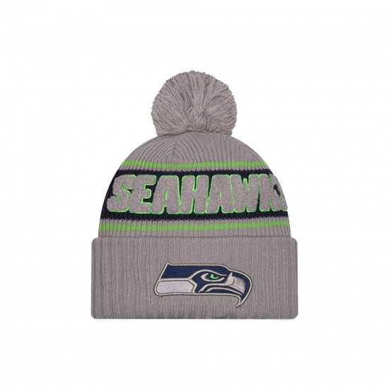 Seattle Seahawks  New Era Gray 2024 Sideline Sport Cuffed Knit Hat with Pom