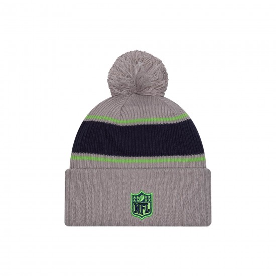 Seattle Seahawks  New Era Gray 2024 Sideline Sport Cuffed Knit Hat with Pom