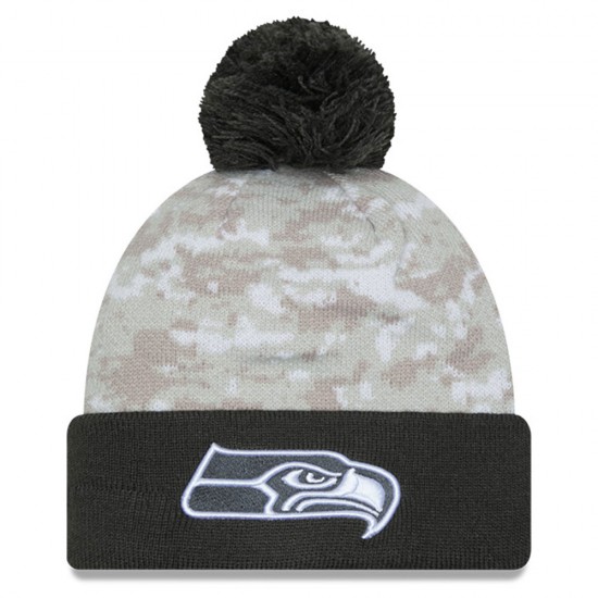 Seattle Seahawks  New Era White-Graphite 2024 Salute To Service Digital Camo Cuffed Knit Hat with Pom