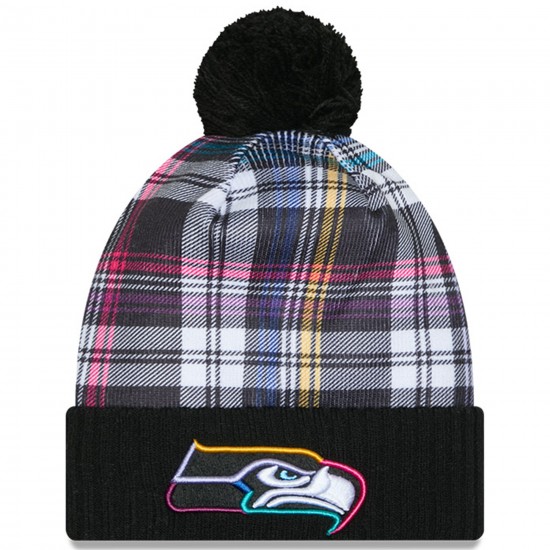 Seattle Seahawks New Era Black 2024 NFL Crucial Catch Cuffed Knit Hat with Pom