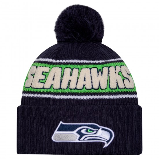 Seattle Seahawks New Era College Navy 2024 Sideline Cuffed Knit Hat with Pom