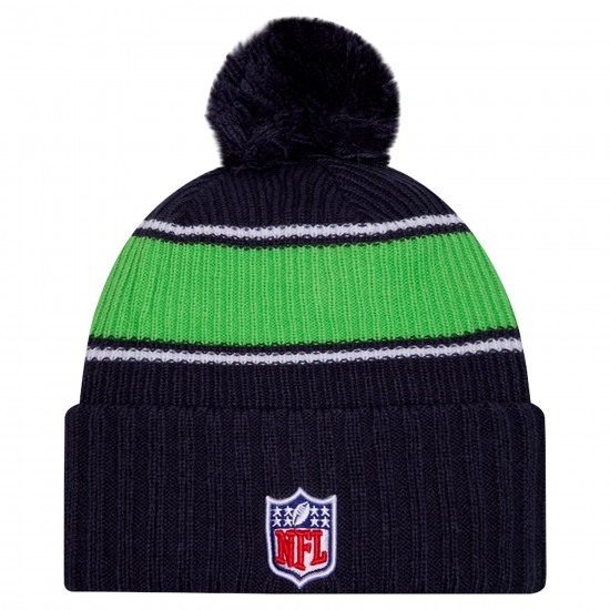 Seattle Seahawks New Era College Navy 2024 Sideline Cuffed Knit Hat with Pom