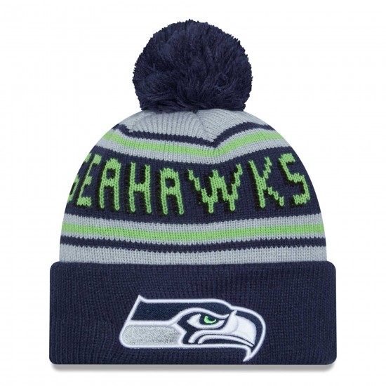 Seattle Seahawks New Era College Navy Main Cuffed Knit Hat with Pom