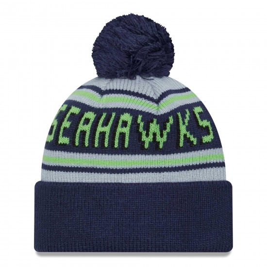 Seattle Seahawks New Era College Navy Main Cuffed Knit Hat with Pom