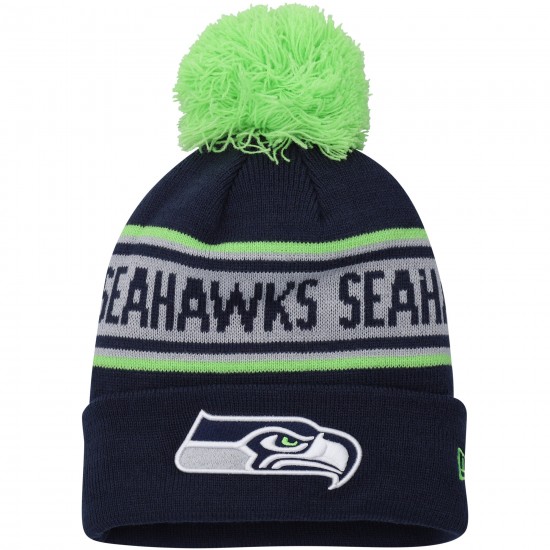 Seattle Seahawks New Era College Navy Repeat Cuffed Knit Hat with Pom