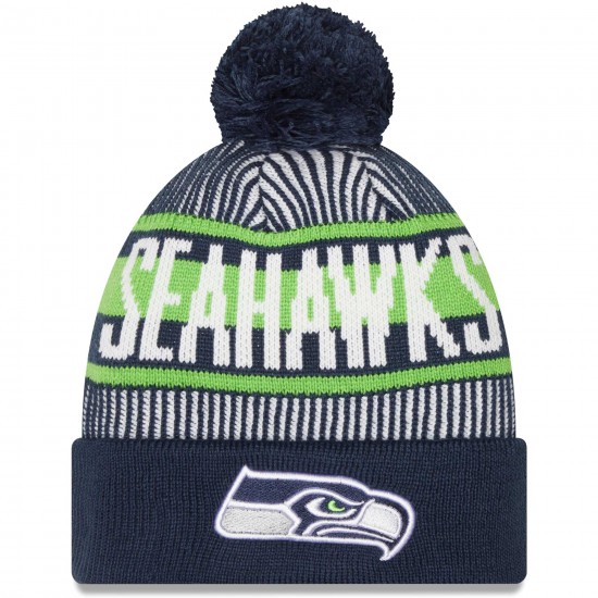Seattle Seahawks New Era College Navy Striped Cuffed Knit Hat with Pom