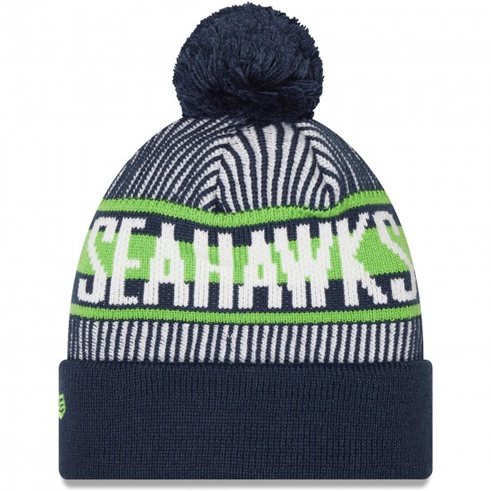Seattle Seahawks New Era College Navy Striped Cuffed Knit Hat with Pom
