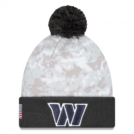 Washington Commanders  New Era White-Graphite 2024 Salute To Service Digital Camo Cuffed Knit Hat with Pom