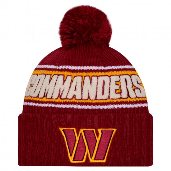 Washington Commanders New Era Burgundy 2024 Sideline Cuffed Knit Hat with Pom