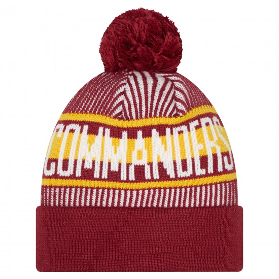 Washington Commanders New Era Burgundy Striped  Cuffed Knit Hat with Pom